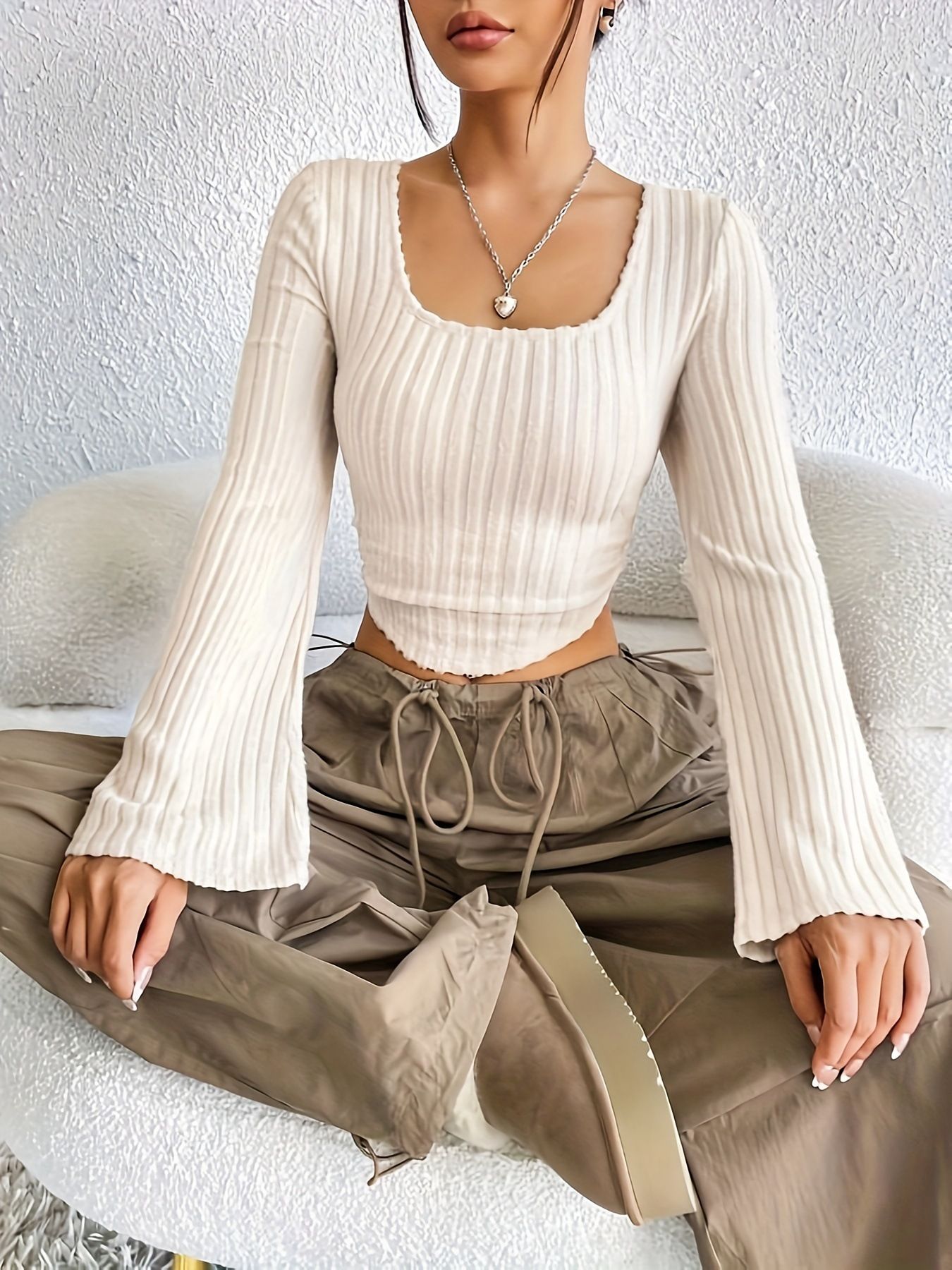 Spring New Women's Casual Square Collar Long Sleeve Pit T-shirt Temperament Commuting Autumn Female Fashion Slim Crop Top