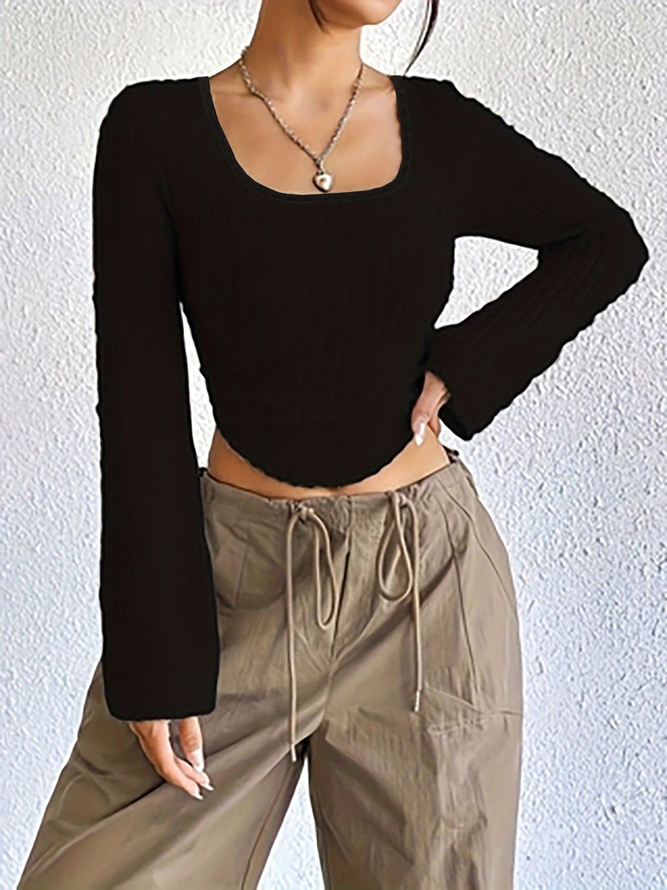 Spring New Women's Casual Square Collar Long Sleeve Pit T-shirt Temperament Commuting Autumn Female Fashion Slim Crop Top