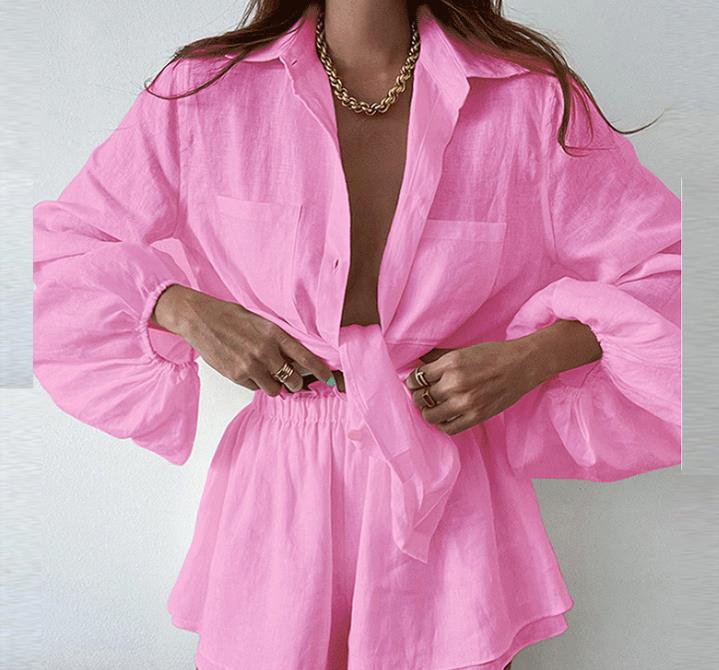 Women Spring Summer Bohemian Shorts Sets Solid White Loose Fit Outfits Blouse Suit 2 Two Piece Set For Women