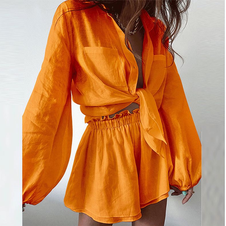 Women Spring Summer Bohemian Shorts Sets Solid White Loose Fit Outfits Blouse Suit 2 Two Piece Set For Women