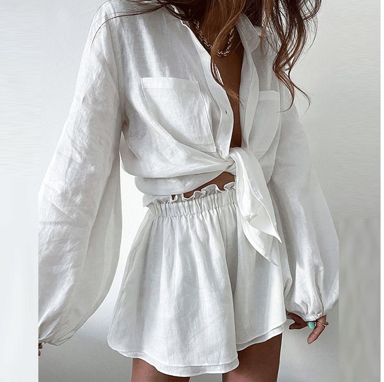 Women Spring Summer Bohemian Shorts Sets Solid White Loose Fit Outfits Blouse Suit 2 Two Piece Set For Women