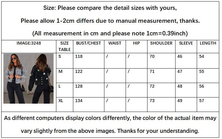 Women Fall Casual Denim Jacket Back Star Print Long Sleeve Turn-down Collar Button Pearls Coat Streetwear