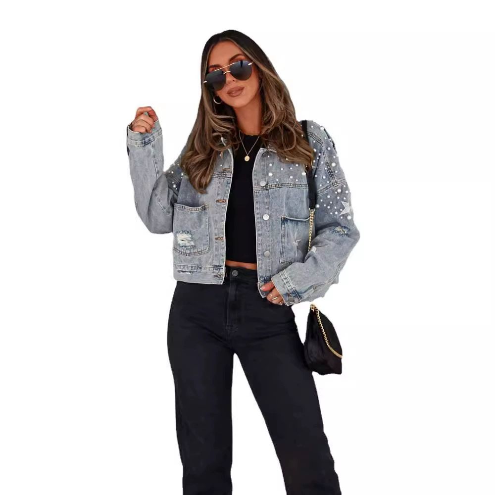 Women Fall Casual Denim Jacket Back Star Print Long Sleeve Turn-down Collar Button Pearls Coat Streetwear