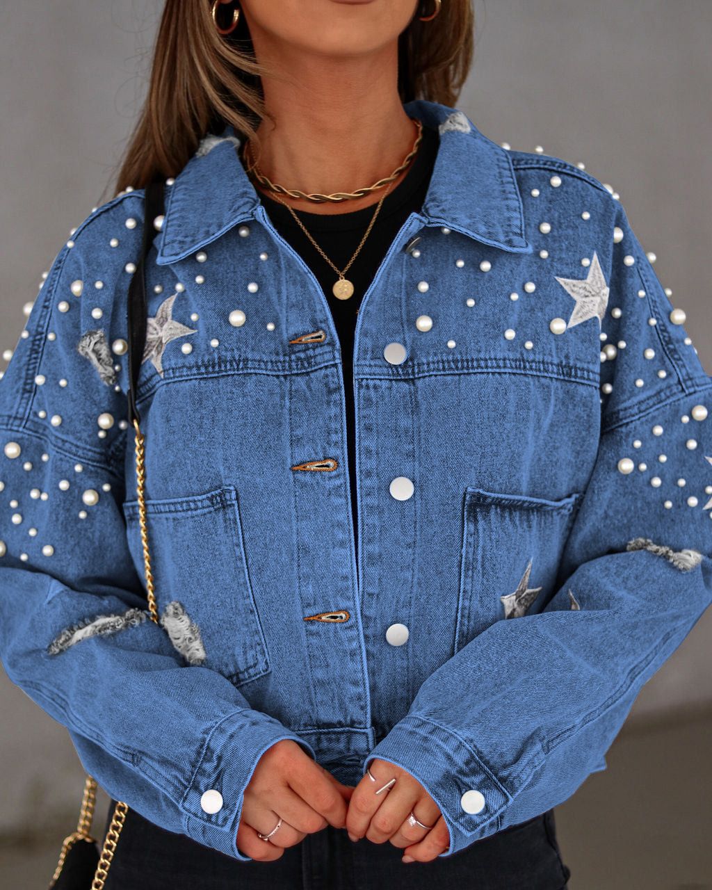 Women Fall Casual Denim Jacket Back Star Print Long Sleeve Turn-down Collar Button Pearls Coat Streetwear