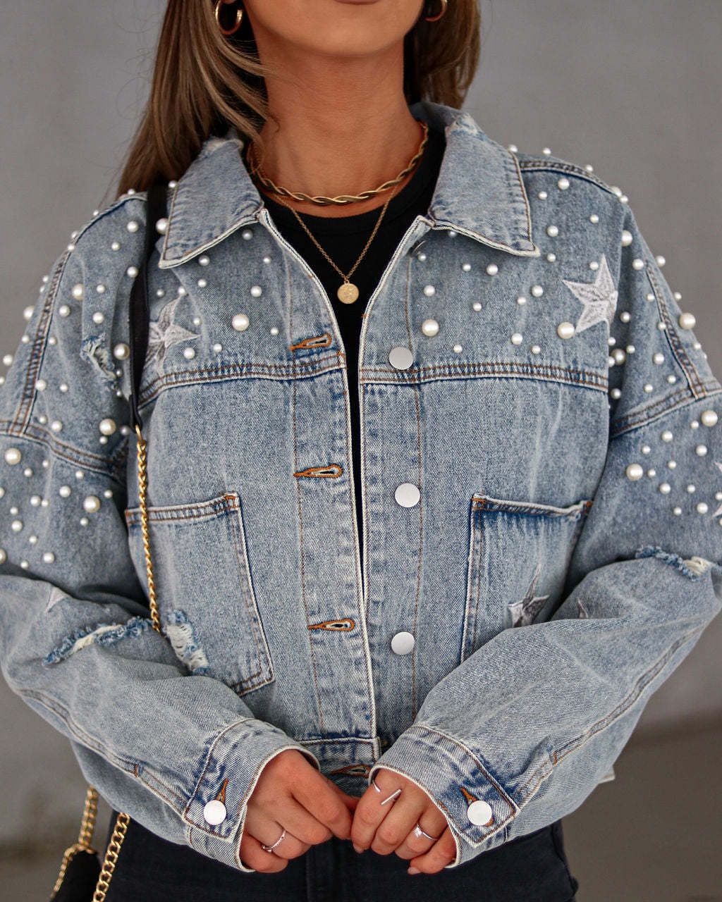 Women Fall Casual Denim Jacket Back Star Print Long Sleeve Turn-down Collar Button Pearls Coat Streetwear