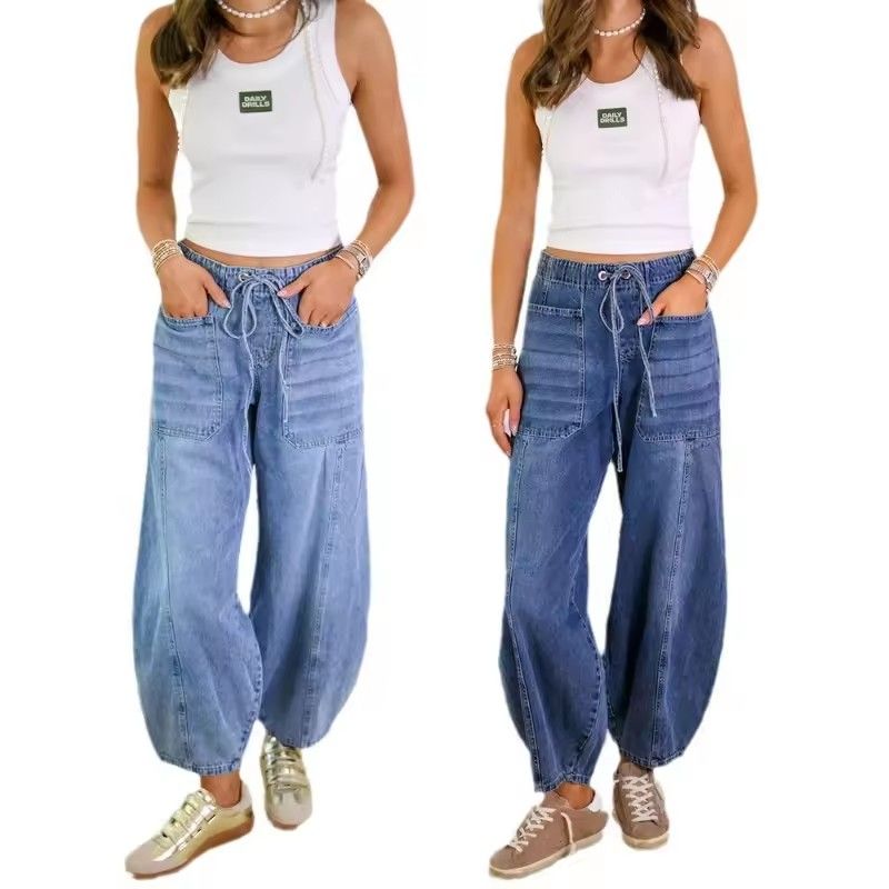 Jeans Denim Pant Women Long Pants Lace Up High Elastic Waist Mom Jeans Straight Trousers Y2k Splice Elegant Streetwear Spring