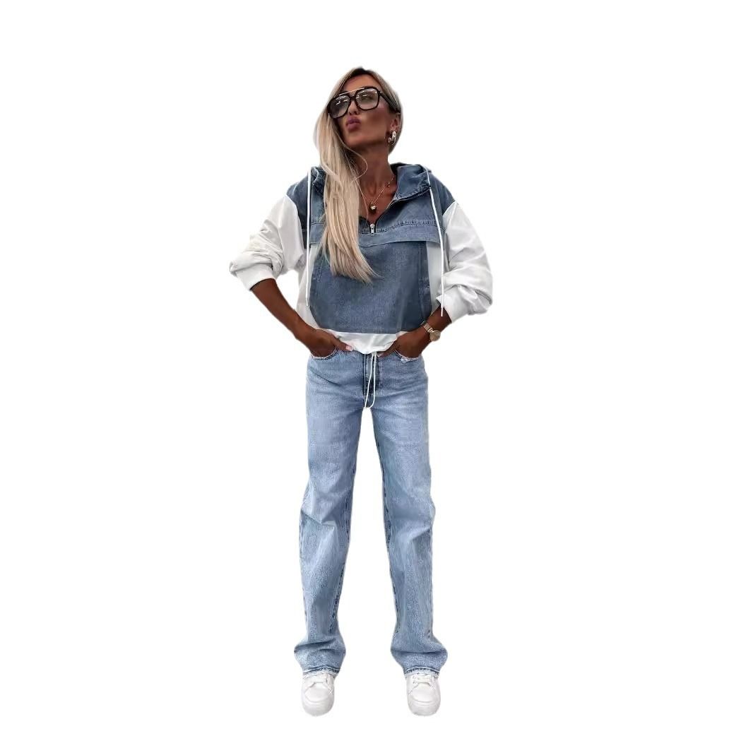 Elegant Women Denim Female Hoodie Sweatshirt Fashion Stitching Drawstring Hooded Ins High Street Jeans Long Sleeve Hoodie