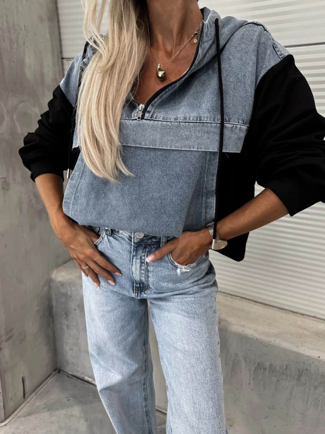 Elegant Women Denim Female Hoodie Sweatshirt Fashion Stitching Drawstring Hooded Ins High Street Jeans Long Sleeve Hoodie