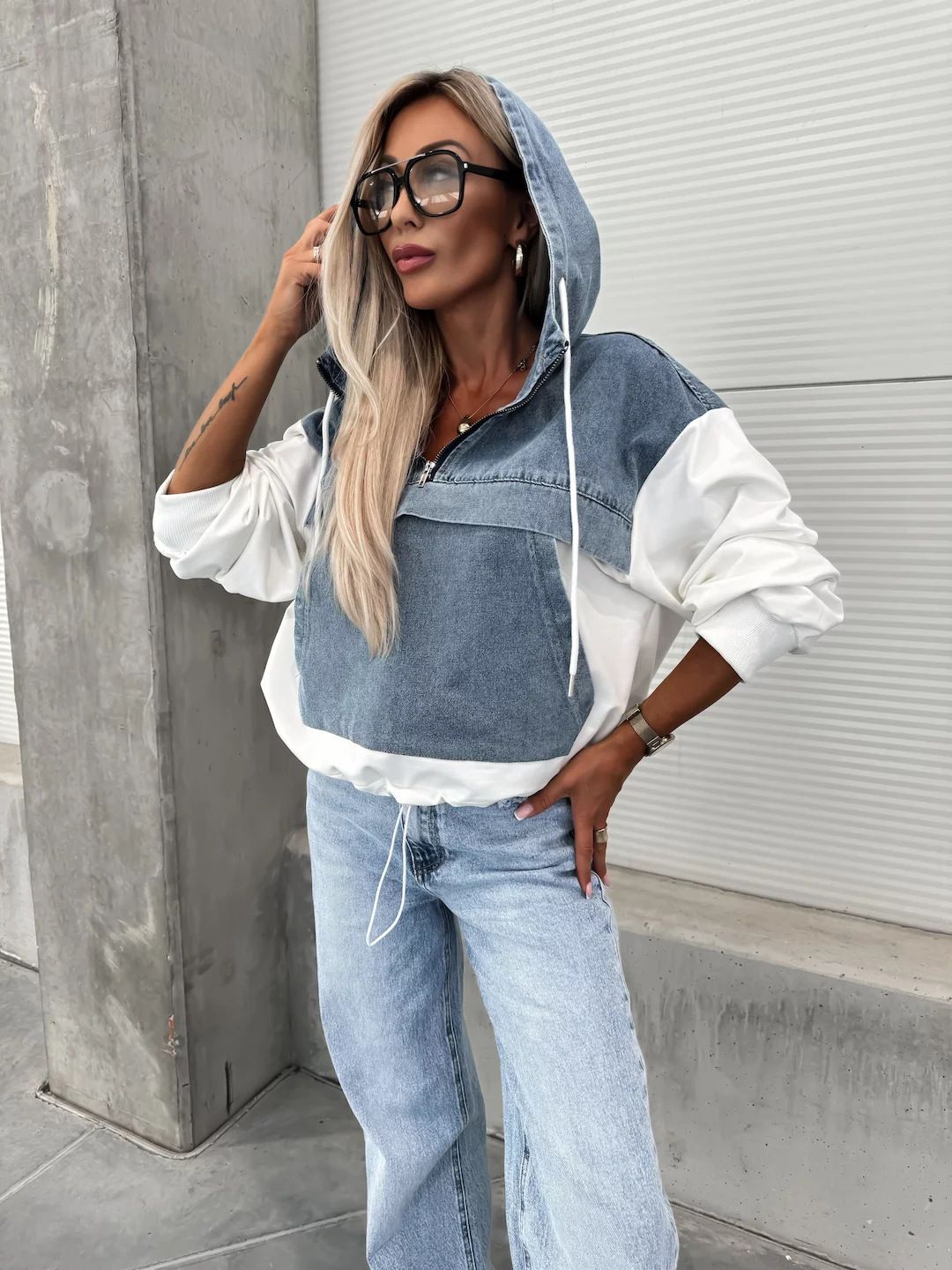 Elegant Women Denim Female Hoodie Sweatshirt Fashion Stitching Drawstring Hooded Ins High Street Jeans Long Sleeve Hoodie