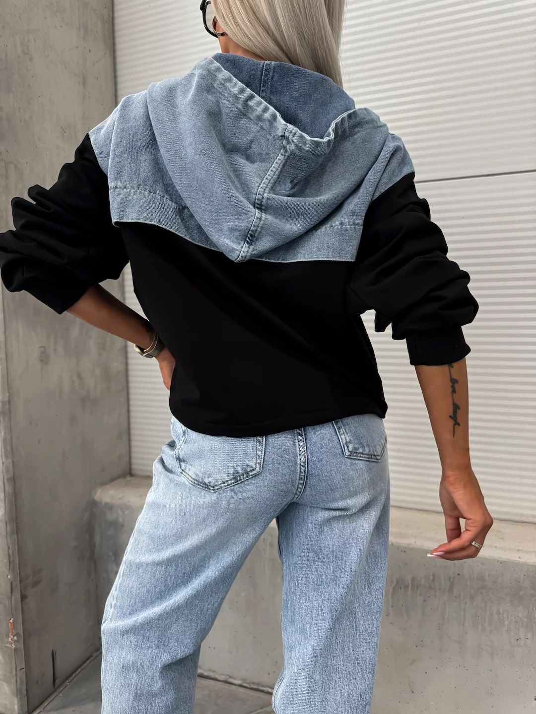 Elegant Women Denim Female Hoodie Sweatshirt Fashion Stitching Drawstring Hooded Ins High Street Jeans Long Sleeve Hoodie