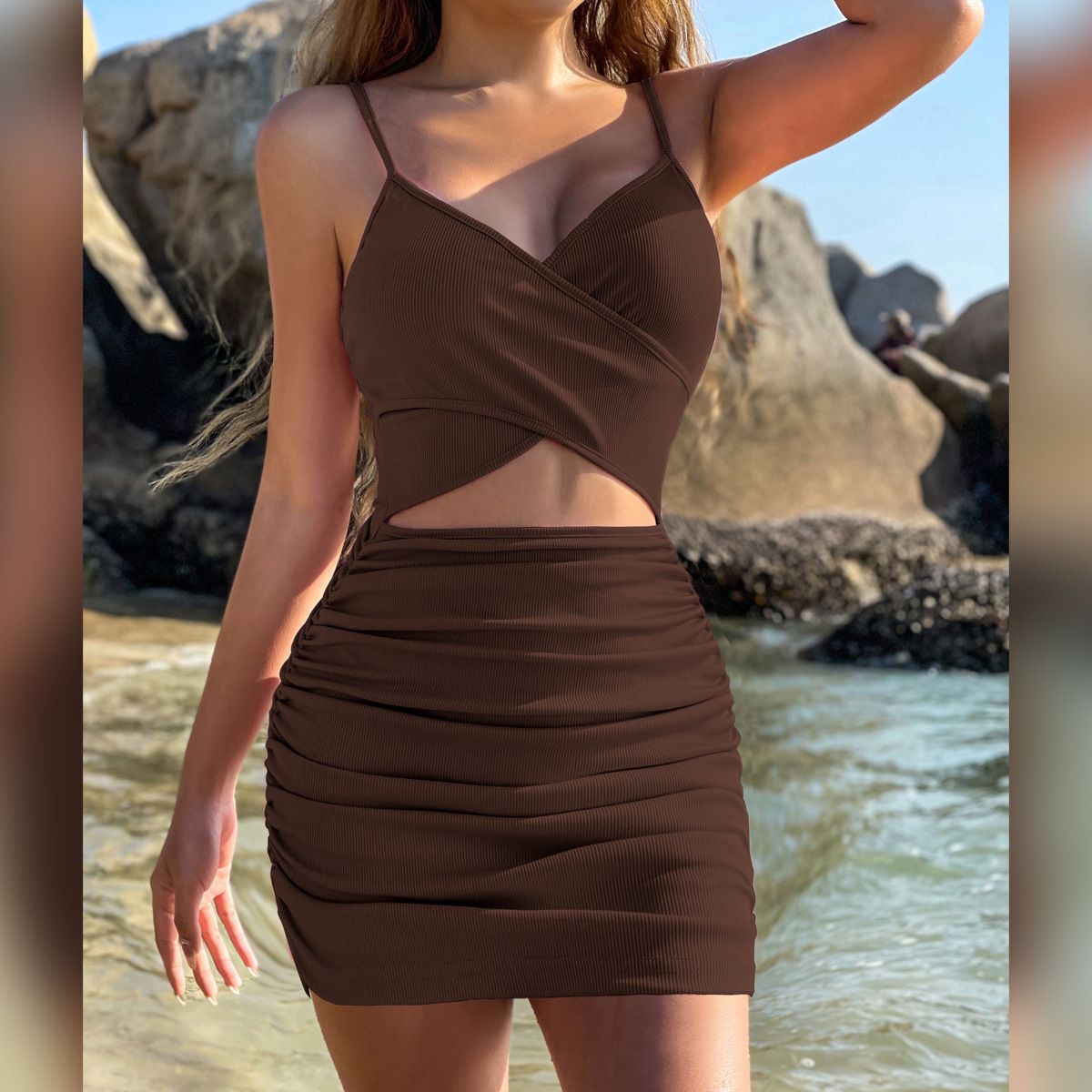 New Women's Suspender Hollow Dress Caftan Wedding Cheap Vintage Feminina Summer Dress Robe Vestido Women Elegant Fashion Trend Lace-Up Dress Pleated Wrap Dress