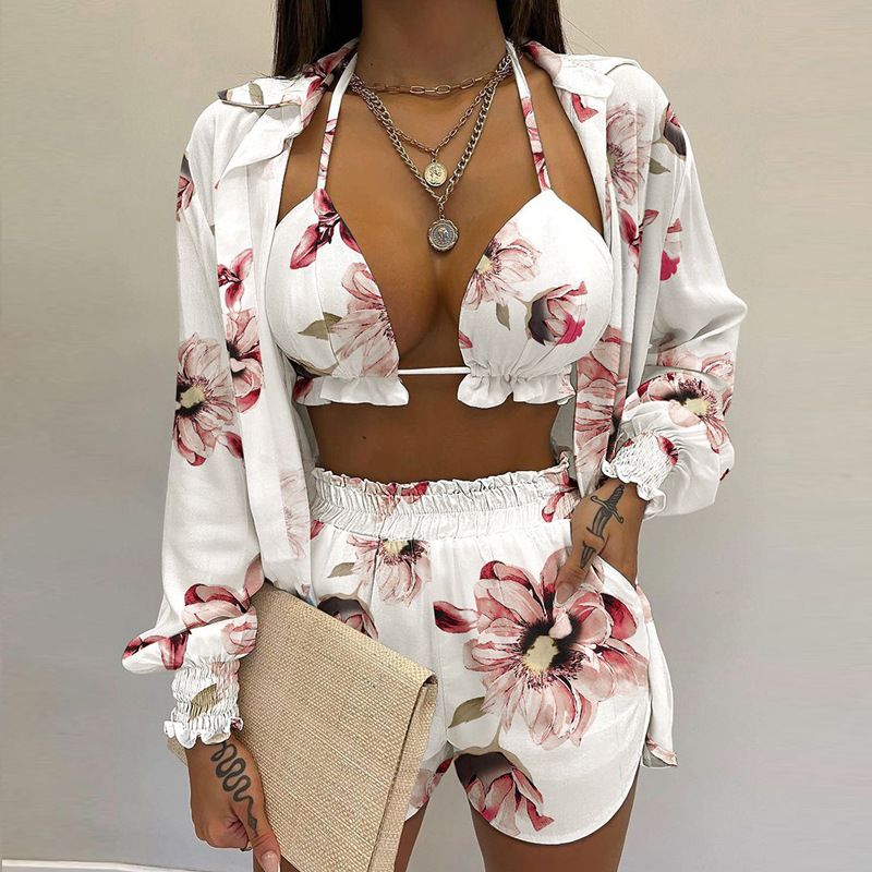 Stylish Sexys Printed Suspender Shirt Shorts 3 Piece Suit Sweat-Absorbent Comfy Breathable Suit for Women Beach Vacation Wear