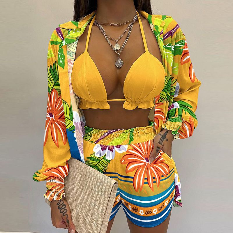 Stylish Sexys Printed Suspender Shirt Shorts 3 Piece Suit Sweat-Absorbent Comfy Breathable Suit for Women Beach Vacation Wear