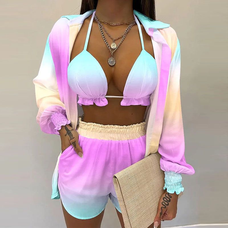 Stylish Sexys Printed Suspender Shirt Shorts 3 Piece Suit Sweat-Absorbent Comfy Breathable Suit for Women Beach Vacation Wear