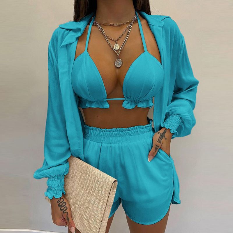 Stylish Sexys Printed Suspender Shirt Shorts 3 Piece Suit Sweat-Absorbent Comfy Breathable Suit for Women Beach Vacation Wear