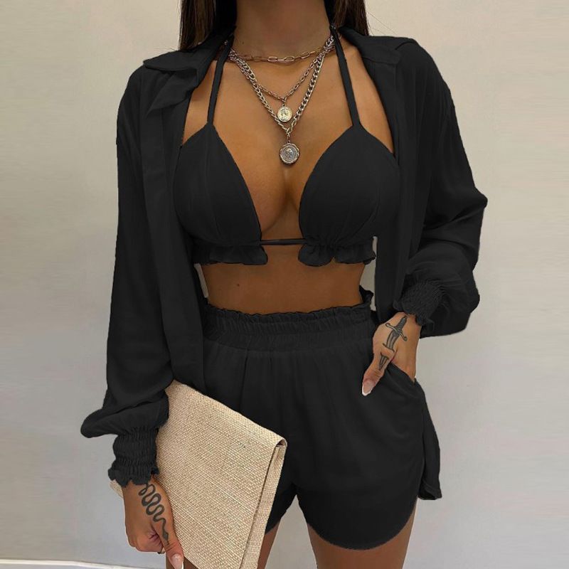 Stylish Sexys Printed Suspender Shirt Shorts 3 Piece Suit Sweat-Absorbent Comfy Breathable Suit for Women Beach Vacation Wear