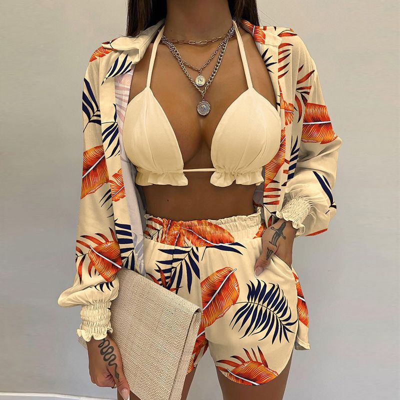 Stylish Sexys Printed Suspender Shirt Shorts 3 Piece Suit Sweat-Absorbent Comfy Breathable Suit for Women Beach Vacation Wear