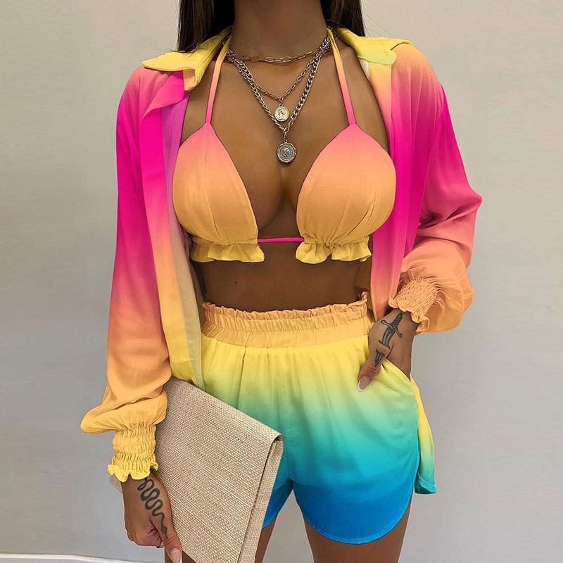 Stylish Sexys Printed Suspender Shirt Shorts 3 Piece Suit Sweat-Absorbent Comfy Breathable Suit for Women Beach Vacation Wear