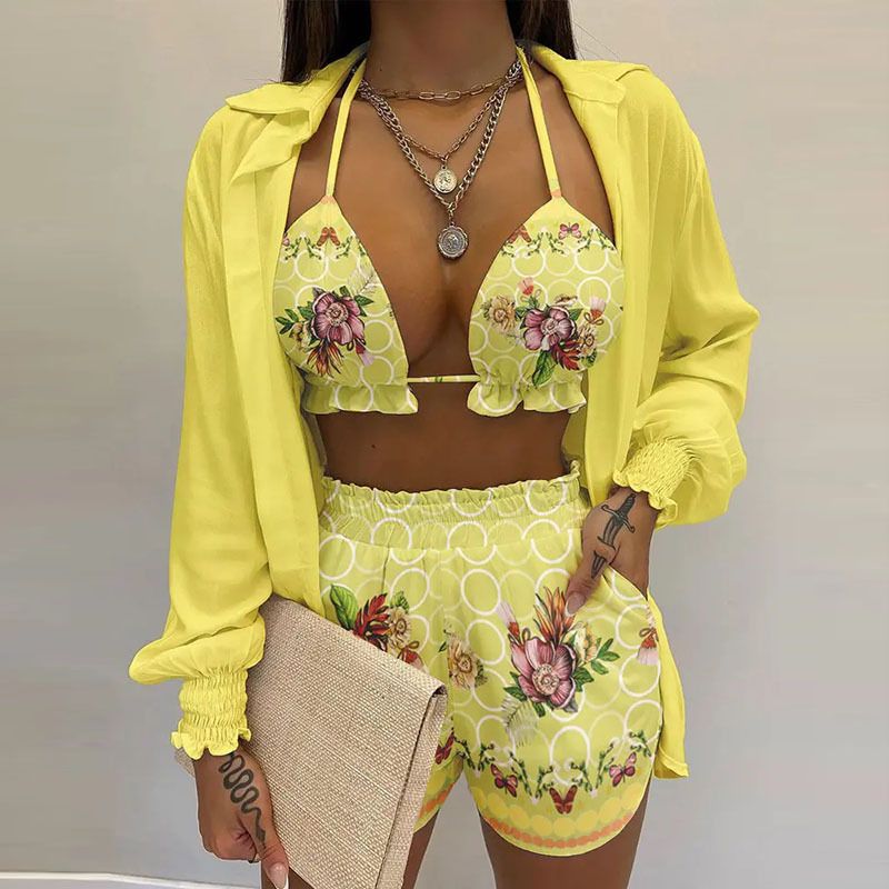 Stylish Sexys Printed Suspender Shirt Shorts 3 Piece Suit Sweat-Absorbent Comfy Breathable Suit for Women Beach Vacation Wear