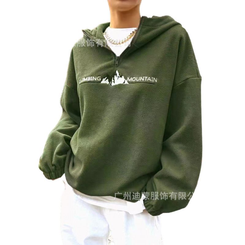 Original Letter Embroidered Fleece Hooded Sweatshirt Autumn and Winter Woman Loose Warm Casual Y2K Half Zipper Design Sweatshirt