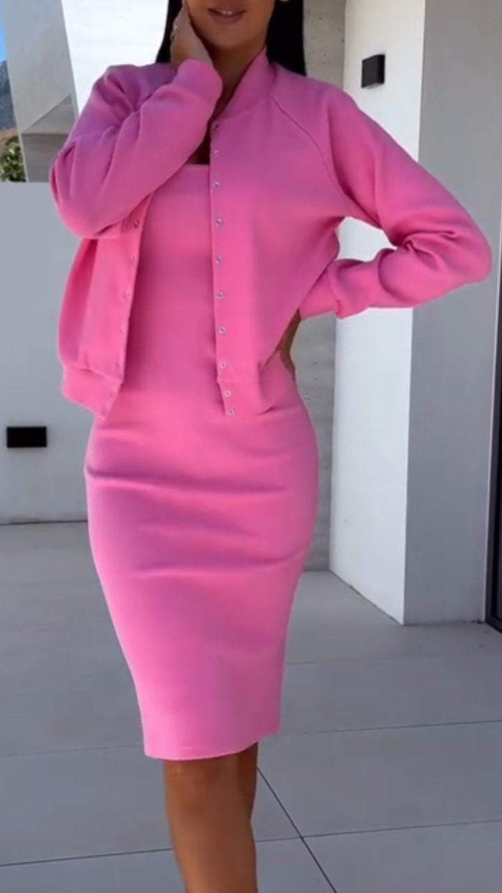 2 Pcs/Set Autumn Women Coat Dress Set OL Commuting Style Single-breasted Stand Collar Office Outfit Midi Dress Jacket Set