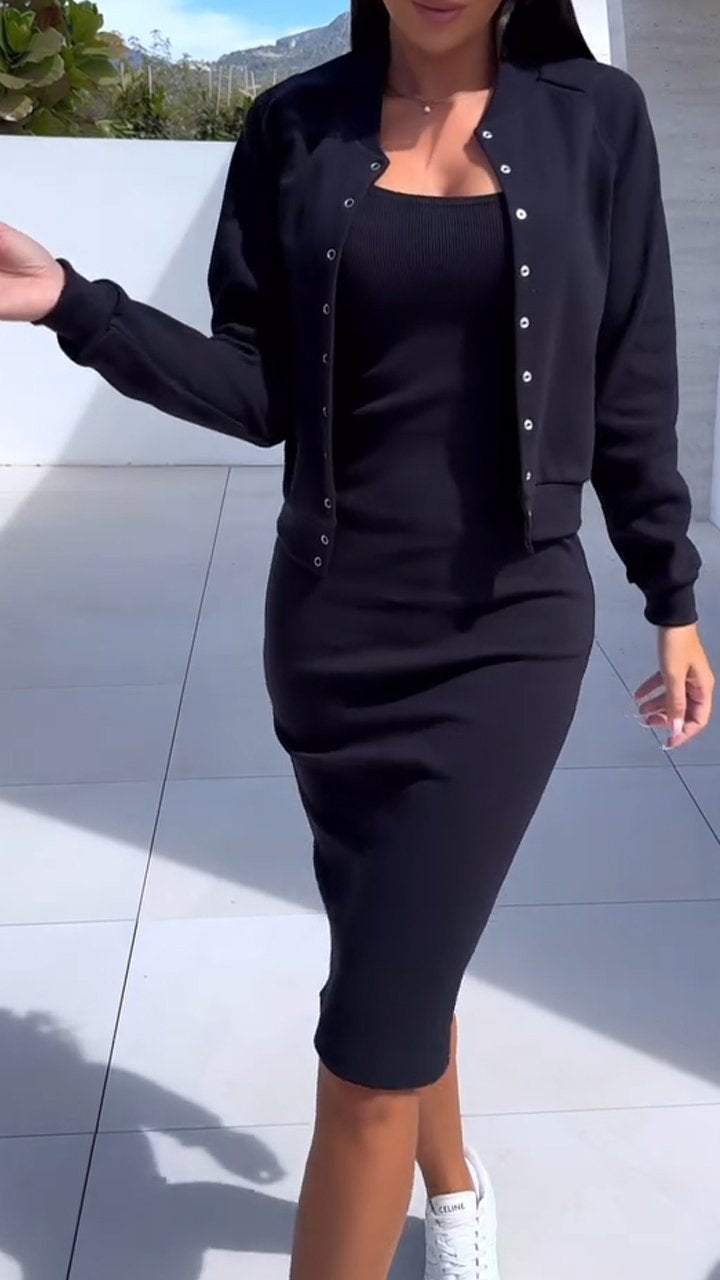 2 Pcs/Set Autumn Women Coat Dress Set OL Commuting Style Single-breasted Stand Collar Office Outfit Midi Dress Jacket Set