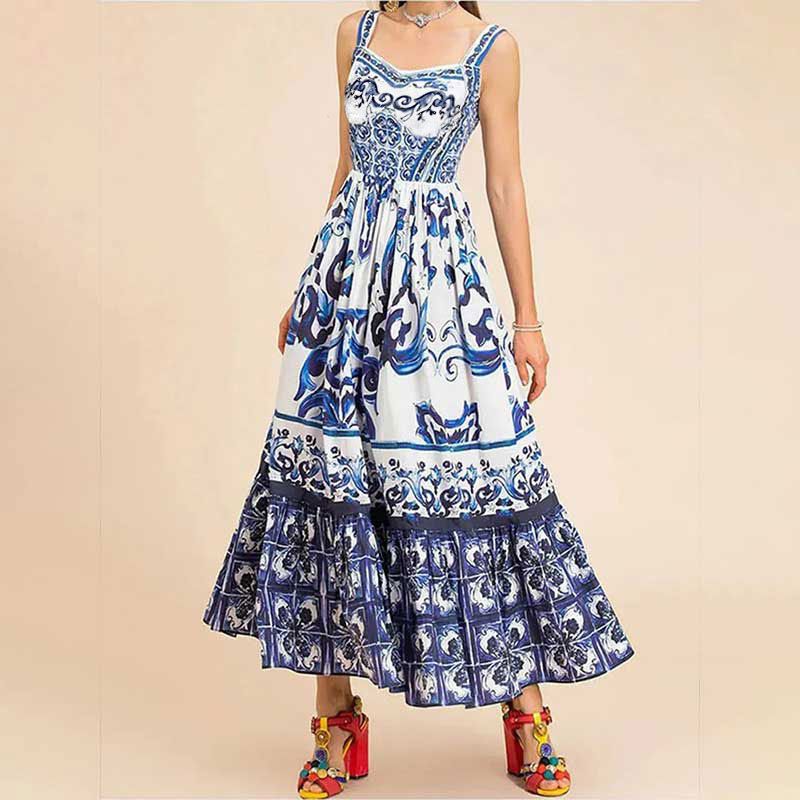 Summer Women's Midi Dress Sleeveless Waist-Cinched Printed A- Line Gown Style Casual Elegant Fashionable