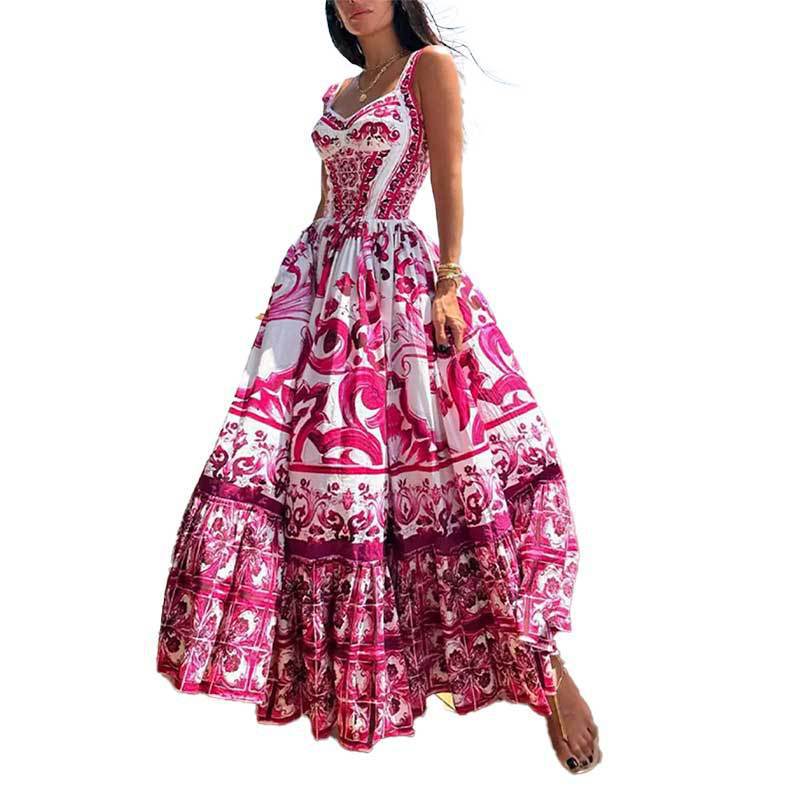 Summer Women's Midi Dress Sleeveless Waist-Cinched Printed A- Line Gown Style Casual Elegant Fashionable