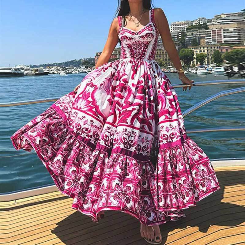 Summer Women's Midi Dress Sleeveless Waist-Cinched Printed A- Line Gown Style Casual Elegant Fashionable