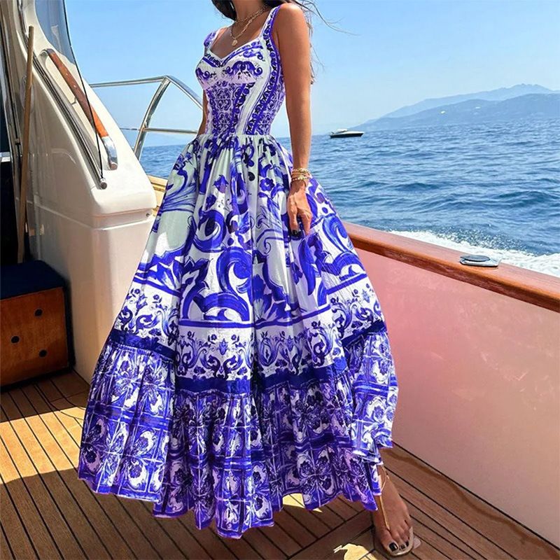 Summer Women's Midi Dress Sleeveless Waist-Cinched Printed A- Line Gown Style Casual Elegant Fashionable