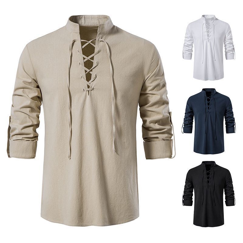 Men's Shirts Casual Men Cotton Linen Long Sleeve T-shirt Spring Autumn Vintage Shirt Drawstring Neck