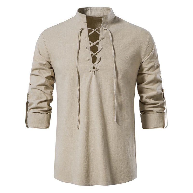 Men's Shirts Casual Men Cotton Linen Long Sleeve T-shirt Spring Autumn Vintage Shirt Drawstring Neck