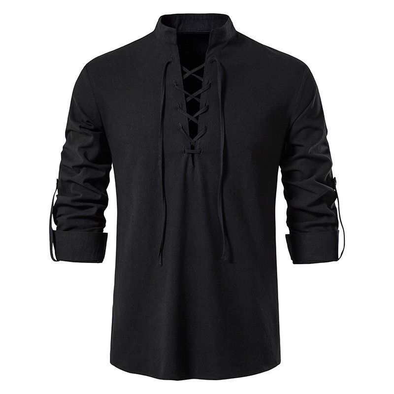 Men's Shirts Casual Men Cotton Linen Long Sleeve T-shirt Spring Autumn Vintage Shirt Drawstring Neck