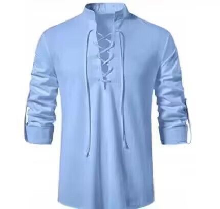 Men's Shirts Casual Men Cotton Linen Long Sleeve T-shirt Spring Autumn Vintage Shirt Drawstring Neck
