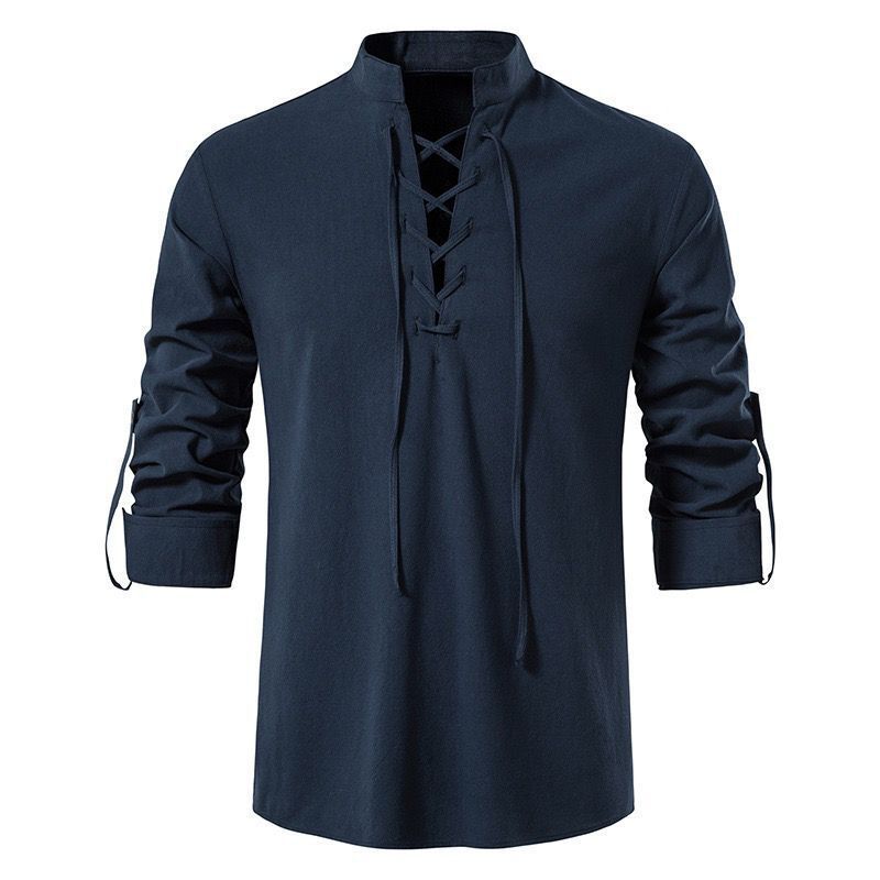 Men's Shirts Casual Men Cotton Linen Long Sleeve T-shirt Spring Autumn Vintage Shirt Drawstring Neck
