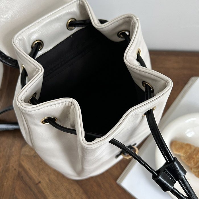 High Quality Leisure Drawstring Backpack Simple Color Contrast Commuting Bag PU Leather Large Capacity School Bag Girls