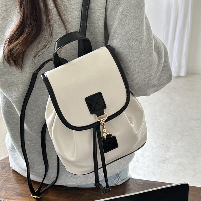High Quality Leisure Drawstring Backpack Simple Color Contrast Commuting Bag PU Leather Large Capacity School Bag Girls