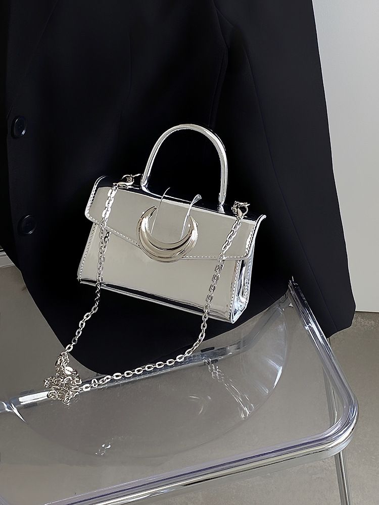 Moon Lock Bag for Women New Silver Square Lacquered Leather Handheld Chain Shoulder Crossbody Bag for Women Gift Shoulder Bags