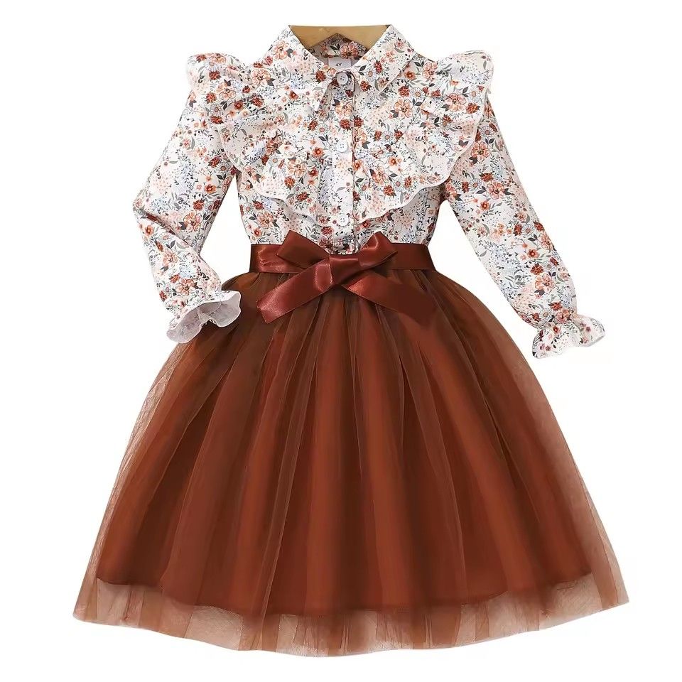 New Autumn Kids Girls Dress Long Sleeve Spring Gauze Belt Children Dress Soft Ventilate Cute Comfort Girls Clothing 2-7 Years