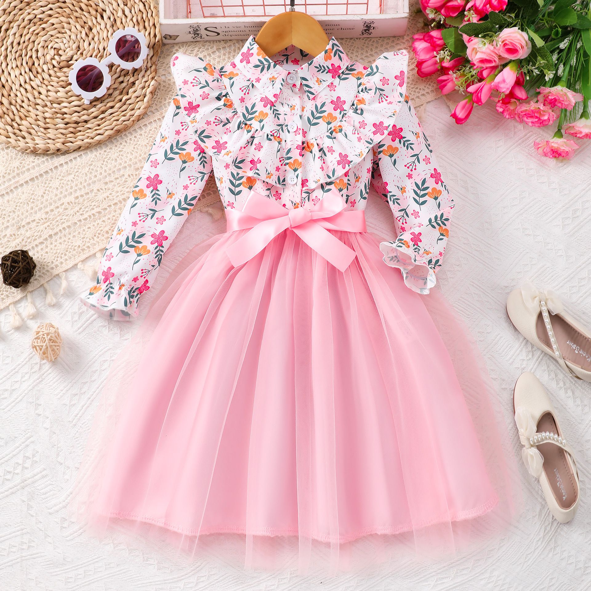 New Autumn Kids Girls Dress Long Sleeve Spring Gauze Belt Children Dress Soft Ventilate Cute Comfort Girls Clothing 2-7 Years