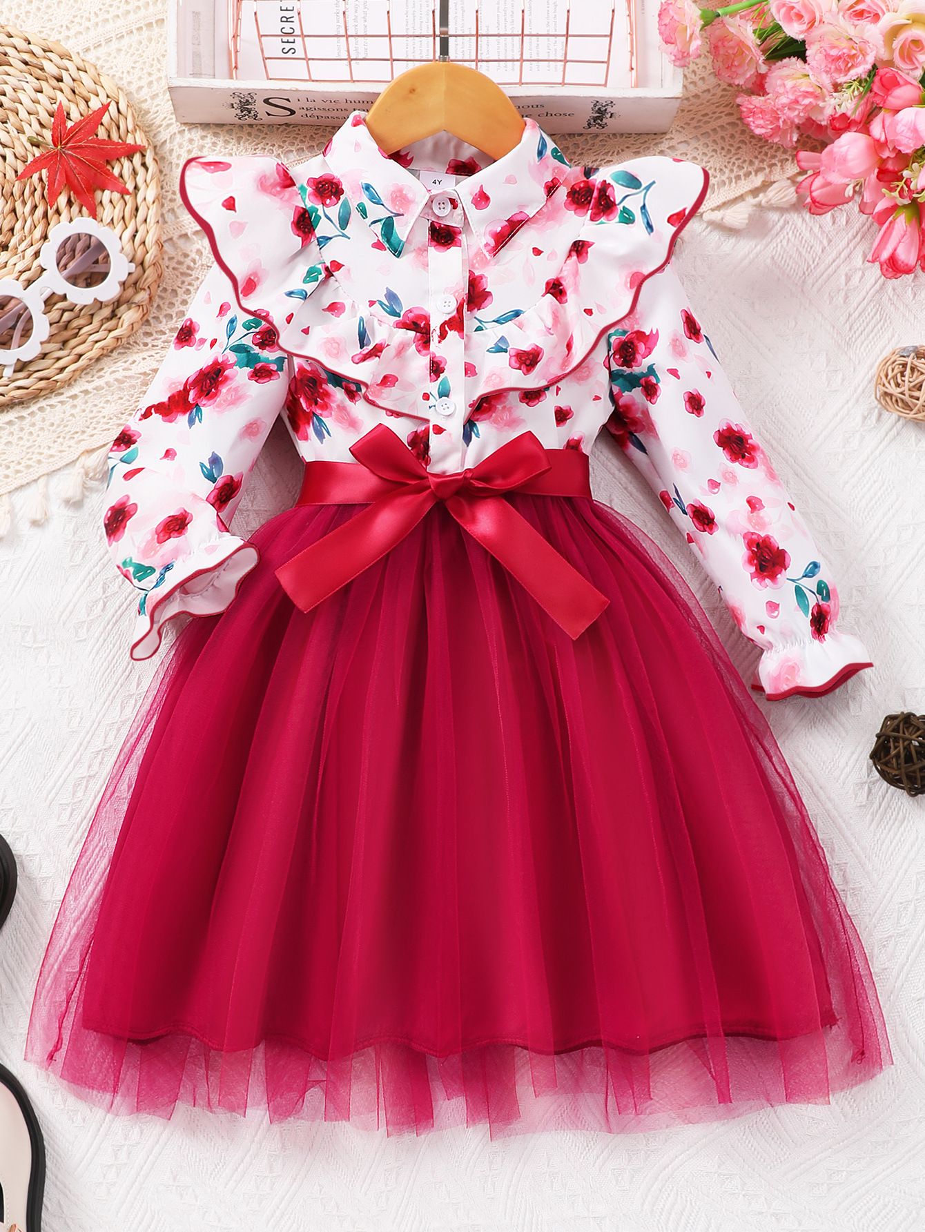 New Autumn Kids Girls Dress Long Sleeve Spring Gauze Belt Children Dress Soft Ventilate Cute Comfort Girls Clothing 2-7 Years