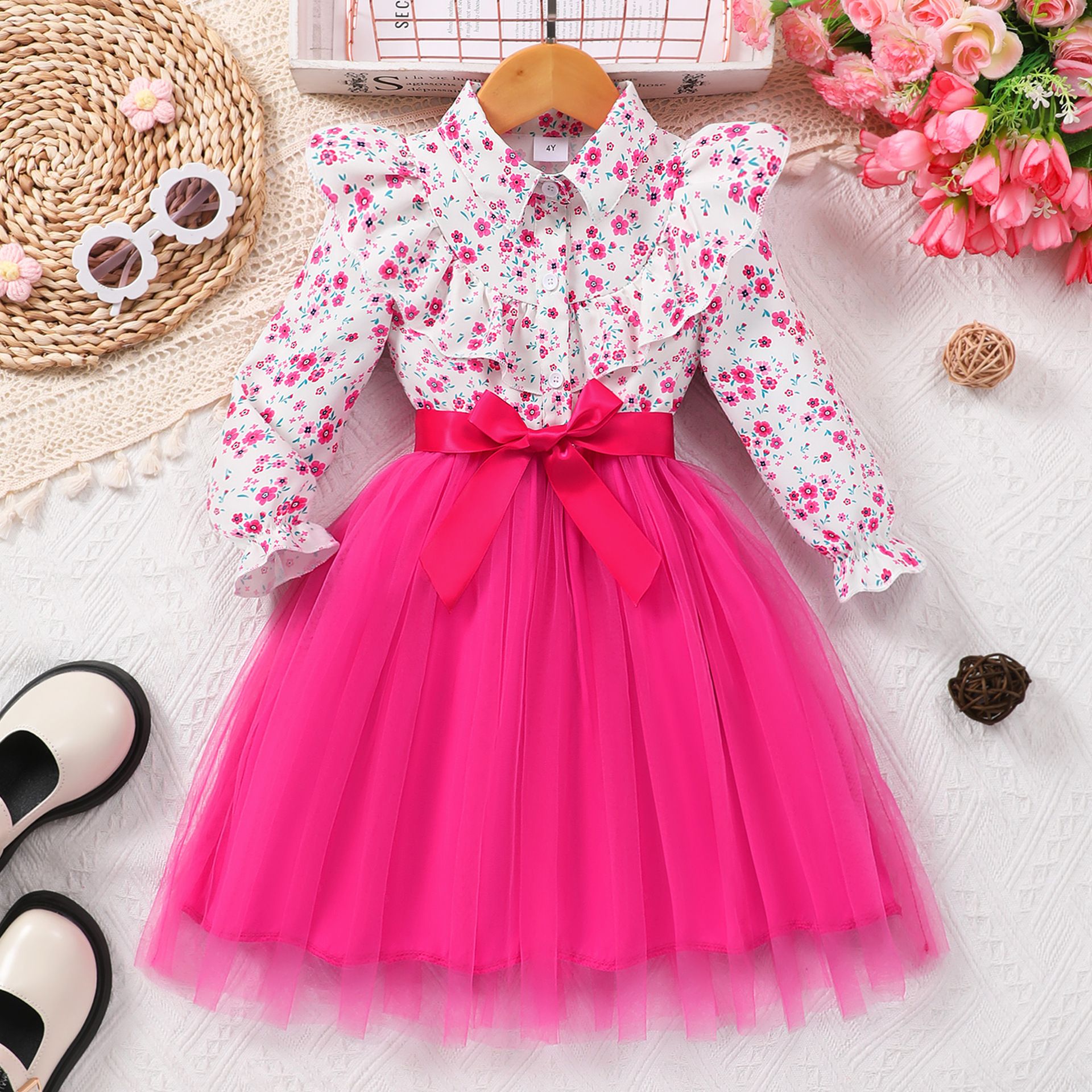 New Autumn Kids Girls Dress Long Sleeve Spring Gauze Belt Children Dress Soft Ventilate Cute Comfort Girls Clothing 2-7 Years