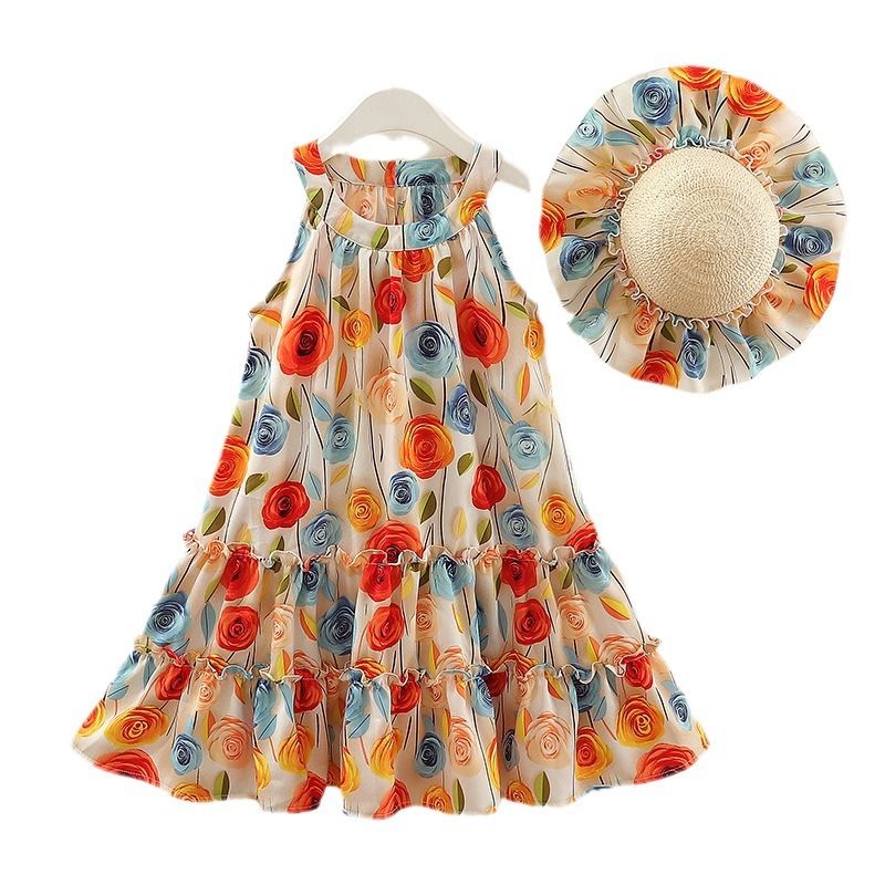 Little Girls Summer Dress Ruffle Sleeveless Princess Dresses Old Kids Flower Clothes Beach Vacation Costume With Hat