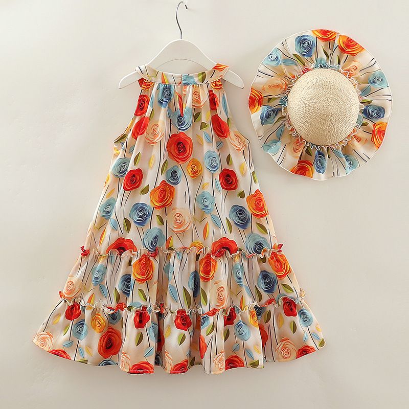 Little Girls Summer Dress Ruffle Sleeveless Princess Dresses Old Kids Flower Clothes Beach Vacation Costume With Hat