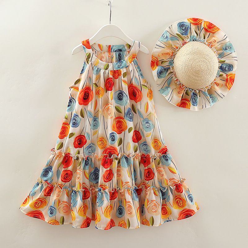 Little Girls Summer Dress Ruffle Sleeveless Princess Dresses Old Kids Flower Clothes Beach Vacation Costume With Hat