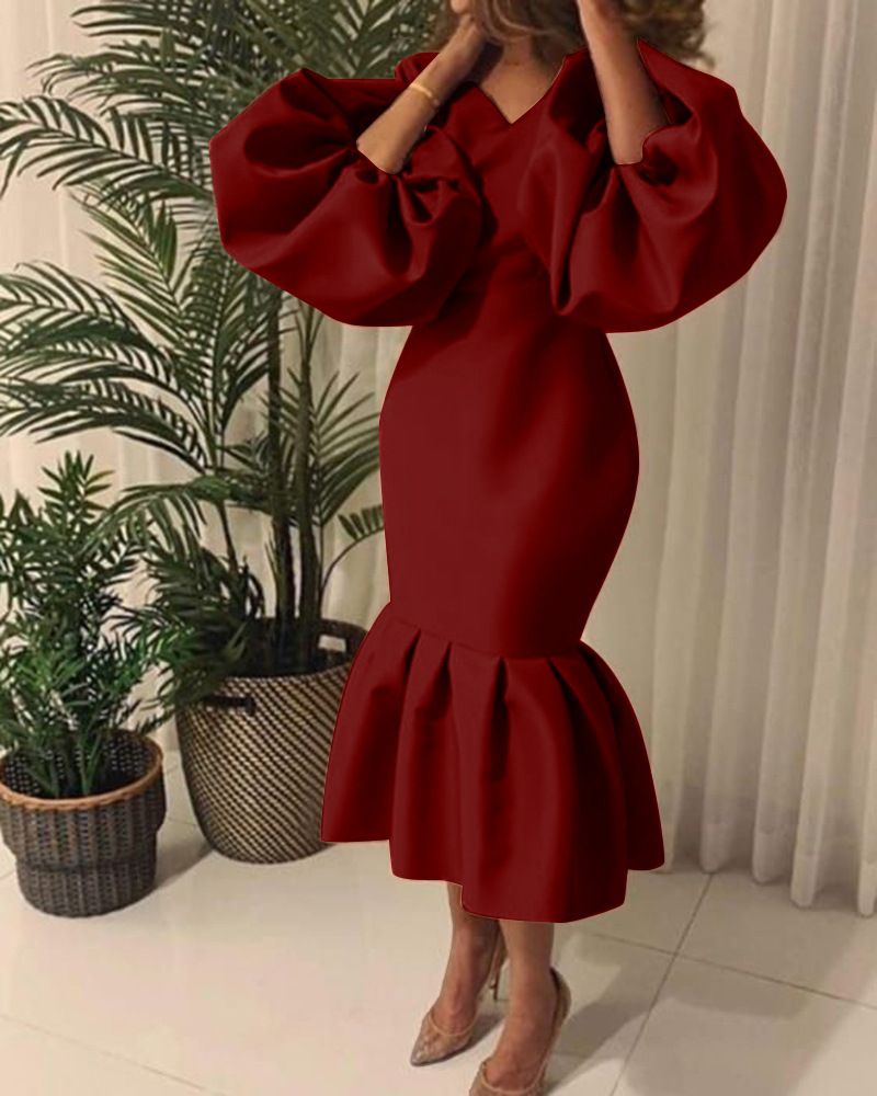 Women Evening Dress Solid Full Puff Sleeve V-neck Long Maxi Trumpet Dresses Fashion Vintage Party Vestidos Fall Outfit plus size