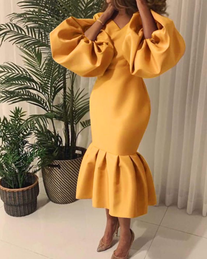 Women Evening Dress Solid Full Puff Sleeve V-neck Long Maxi Trumpet Dresses Fashion Vintage Party Vestidos Fall Outfit plus size