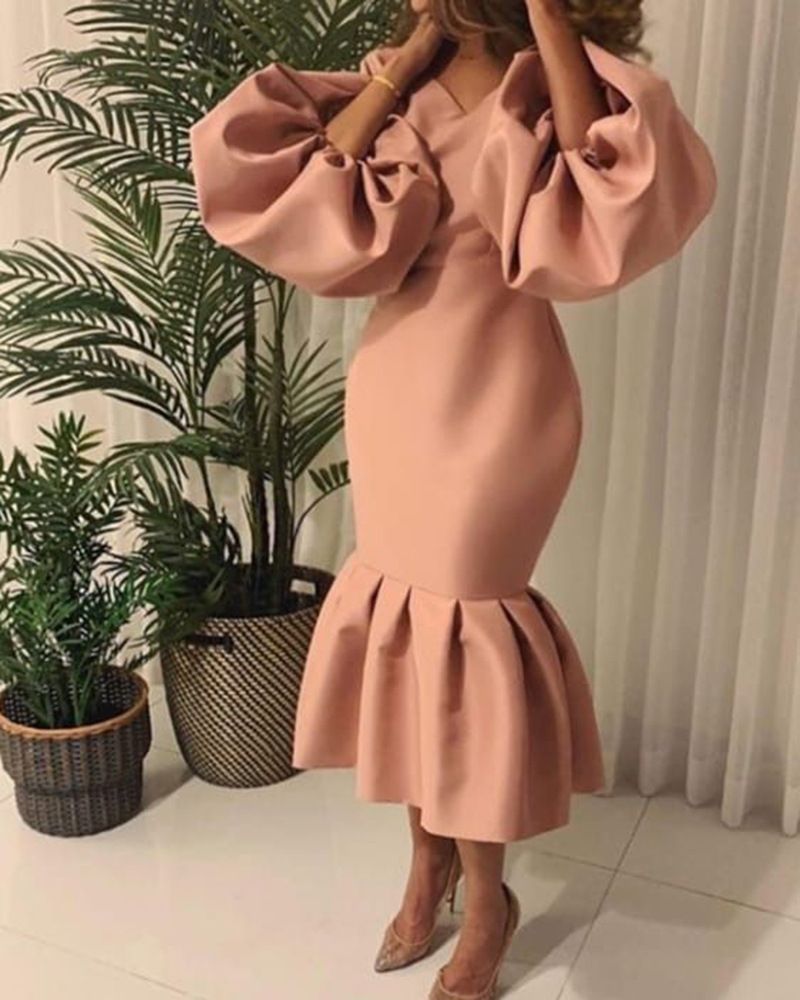 Women Evening Dress Solid Full Puff Sleeve V-neck Long Maxi Trumpet Dresses Fashion Vintage Party Vestidos Fall Outfit plus size