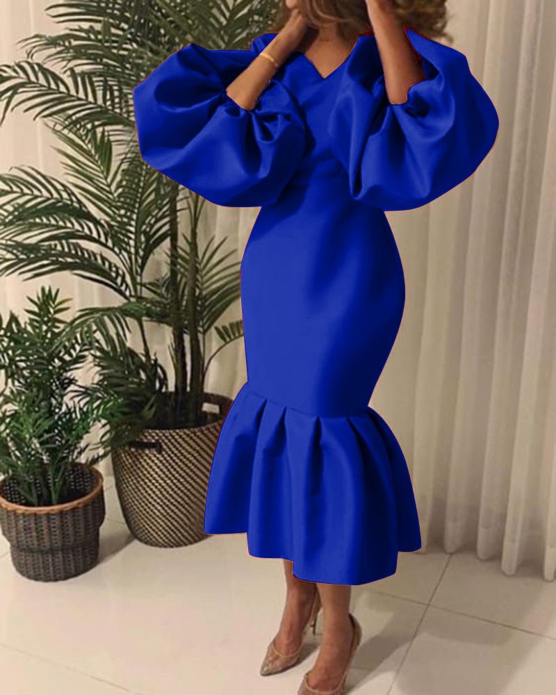 Women Evening Dress Solid Full Puff Sleeve V-neck Long Maxi Trumpet Dresses Fashion Vintage Party Vestidos Fall Outfit plus size