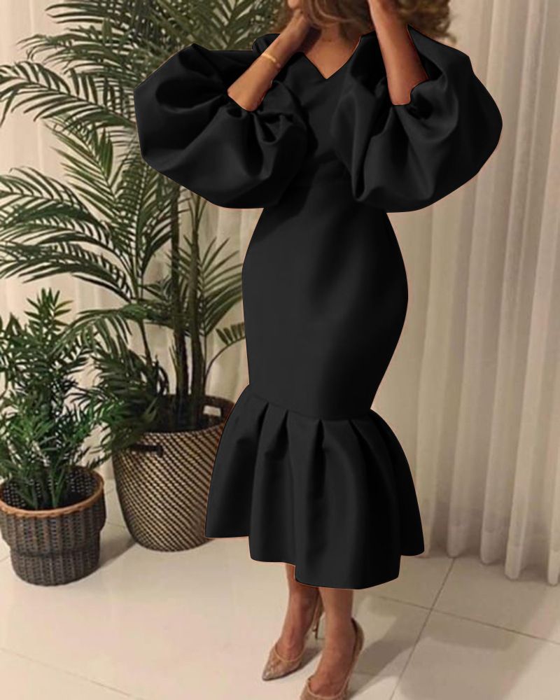 Women Evening Dress Solid Full Puff Sleeve V-neck Long Maxi Trumpet Dresses Fashion Vintage Party Vestidos Fall Outfit plus size